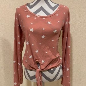 Pink & white long sleeve top with tie size medium justify